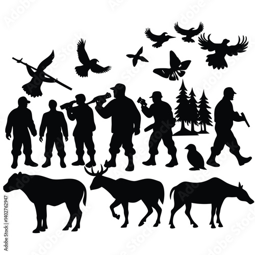 Hunting Silhouette Vector: Hunters, Deer, Birds, Trees - Outdoor Wildlife Graphic Design Element for Print and Digital Projects