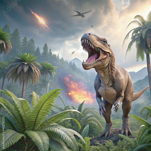 A mighty Tyrannosaurus rex stands dominant in a misty, sun-dappled Cretaceous forest for Dinosaur Day