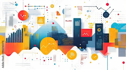 Abstract design with digital business elements, including financial symbols, global data, and marketing analytics for corporate innovation