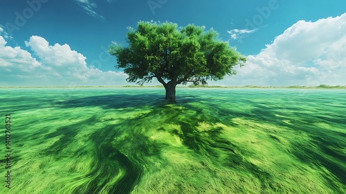 A vibrant green world gradually replacing the dry land around a tree