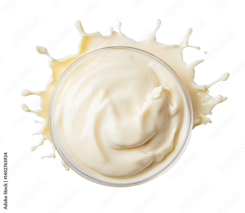 Creamy texture and splash of dairy product in a clear bowl, cut out Creamy texture and splash of dairy product in a clear bowl, cut out