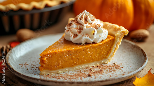 Slice of Freshly Baked Pumpkin Pie Topped with Whipped Cream and Cinnamon Powder Placed on a Plate with Autumn Decoration