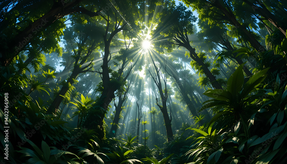 Fototapeta premium Sunbeams Piercing Lush Forest Canopy, Verdant Foliage, Low Angle View, Ethereal Light.