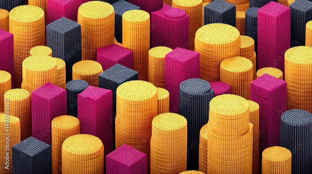 Obraz premium Abstract Geometric Background with Golden, Purple, and Gray Cylinders