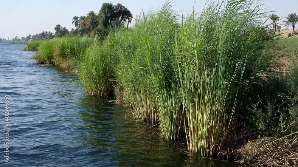 Obraz premium A close-up of the papyrus plant growing along the edge of the Nile River, with tall green stalks swaying gently in the breeze 
