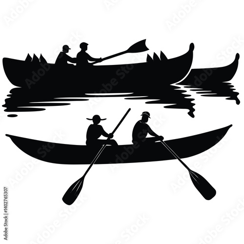 Black Silhouette of People Canoeing & Kayaking on Water: Boating, Paddling, Recreation, Outdoor Activity, Vector Illustration