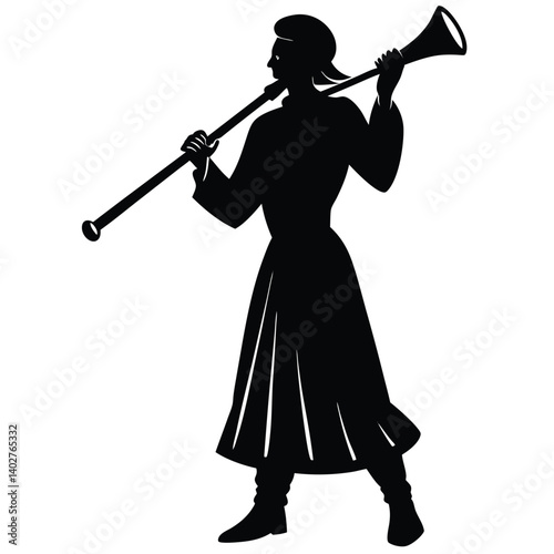 Silhouette of Medieval Herald Trumpeter: Vintage Black & White Vector Illustration of a Town Crier Announcing News with Horn