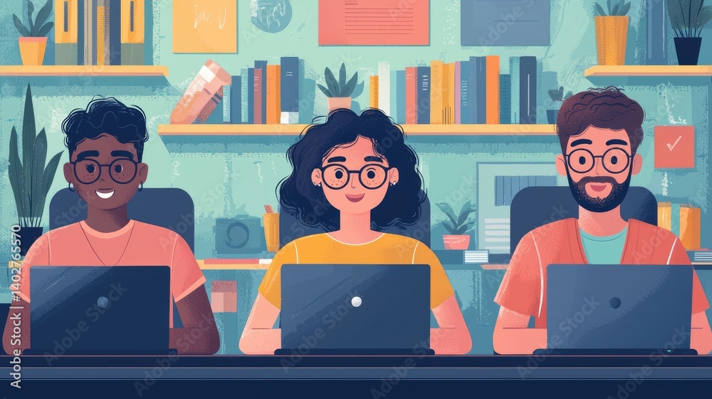 Creative team working on laptops in a modern office