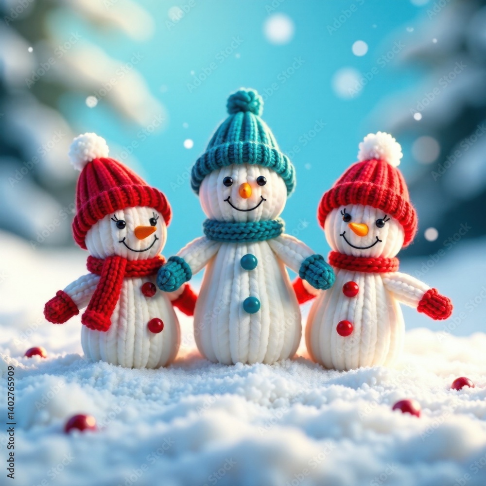 three little knitted snowmen standing in a row on soft snowy surface under bright blue winter sky, snow, winter, snowmen three little knitted snowmen standing in a row on soft snowy surface under bright blue winter sky, snow, winter, snowmen