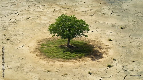 A green patch growing around a tree in a parched land symbolizing ecological recovery