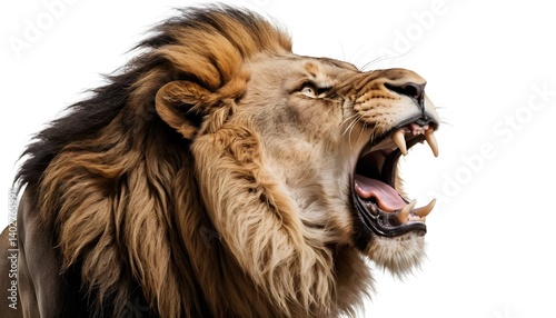 Roaring Male Lion Profile on White Background