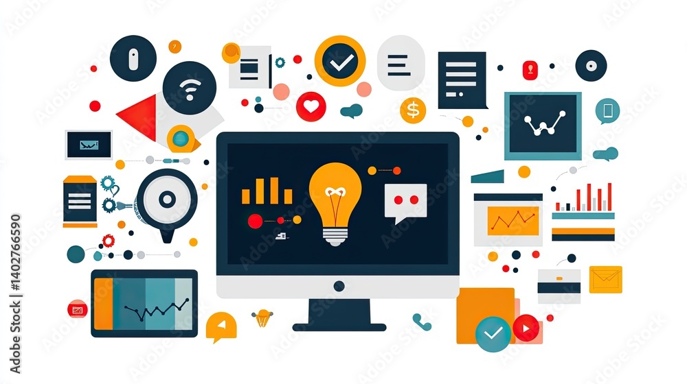 Abstract digital marketing strategy concept with icons, graphs, and business symbols displayed on a computer screen Abstract digital marketing strategy concept with icons, graphs, and business symbols displayed on a computer screen