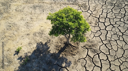 A tree rooted in dry soil gradually changing the land around it to green