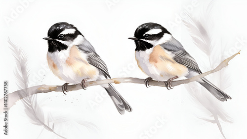 Hand painted watercolor artwork of black capped chickadee birds clean white background