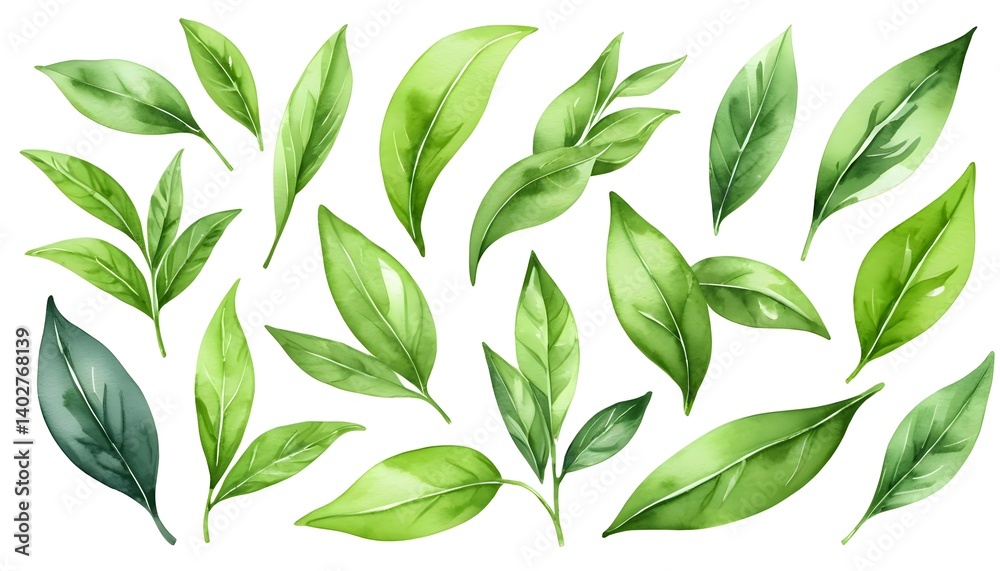 Fototapeta premium Watercolor Green Tea Leaves Collection