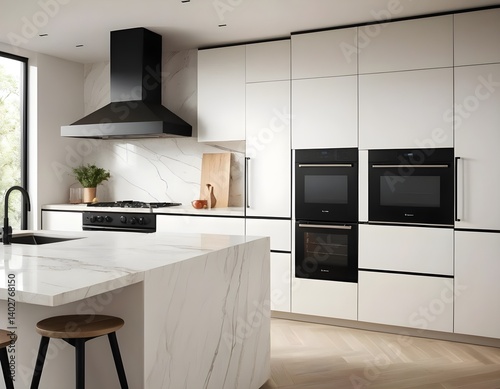 Modern Kitchen with Black Appliances and Marble Island
