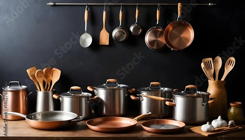 Copper and Stainless Steel Cookware Set with Wooden Utensils