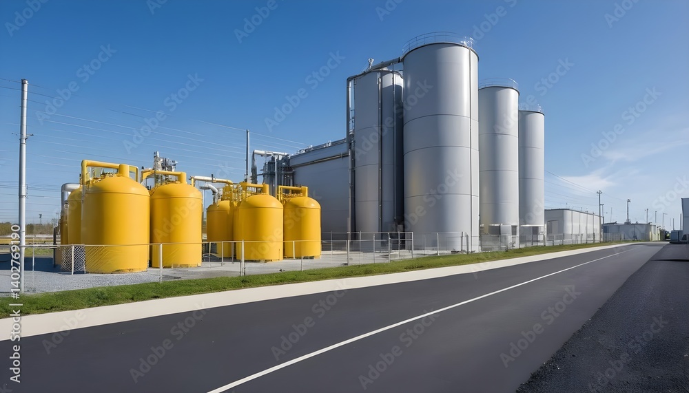 Obraz premium Industrial Plant with Yellow and Gray Storage Tanks