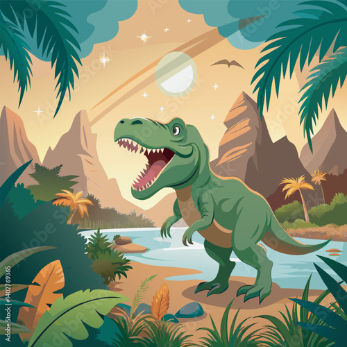 A mighty Tyrannosaurus rex stands dominant in a misty, sun-dappled Cretaceous forest for Dinosaur Day