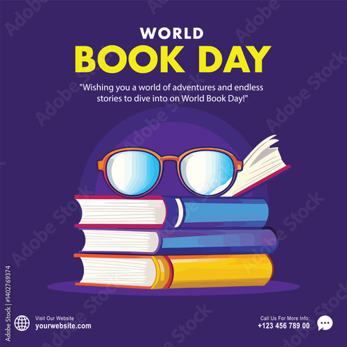 World Book Day Celebration: A vibrant illustration on a purple background with a stack of colorful books, a pair of glasses, and a book page flying out for World Book Day.