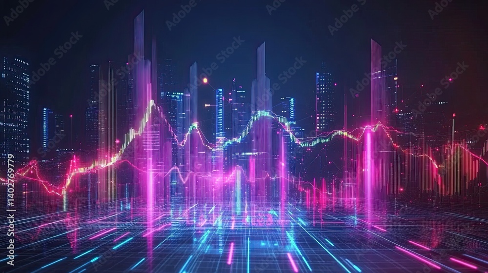 Abstract geometric shapes with glowing business charts, digital data flows, and network connections for futuristic workspaces Abstract geometric shapes with glowing business charts, digital data flows, and network connections for futuristic workspaces