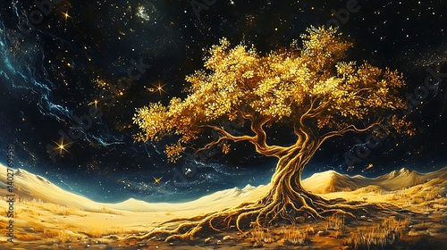 A radiant desert tree with softly glowing roots and golden leaves swaying under an infinite cosmic expanse
