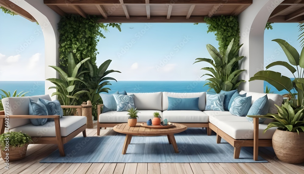 Fototapeta premium Luxury Outdoor Patio Furniture with Ocean View