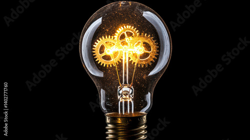 Close-up view of a lightbulb showcasing intricate cogs and gears in motion, representing creativity and the spark of innovation