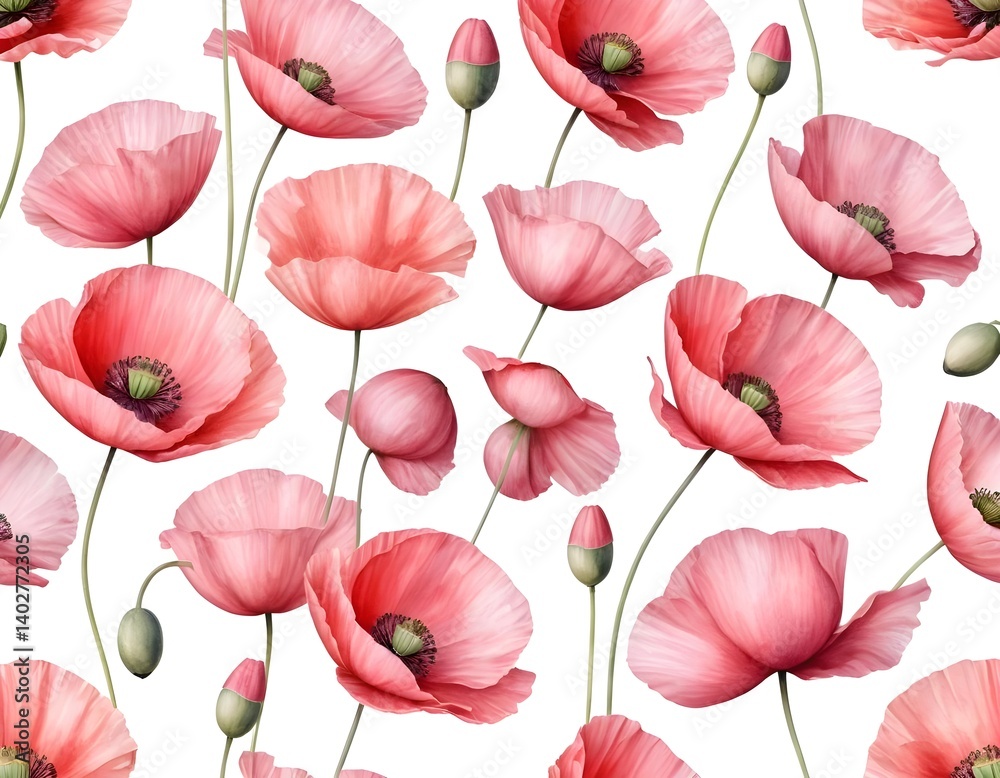 Obraz premium Seamless Watercolor Pattern of Pink Poppies