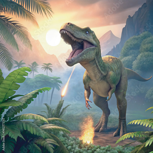 A mighty Tyrannosaurus rex stands dominant in a misty, sun-dappled Cretaceous forest for Dinosaur Day
