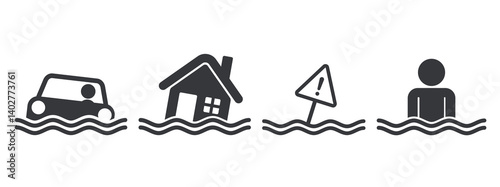 Bundle isolated car, home, man submerged in water, symbolizing flooded area and a flood zone or emergency situation.