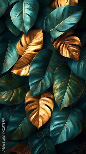 Vibrant Tropical Leaves Phone Wallpaper  Teal & Gold Textured Pattern | Exotic Vertical Mobile Background

