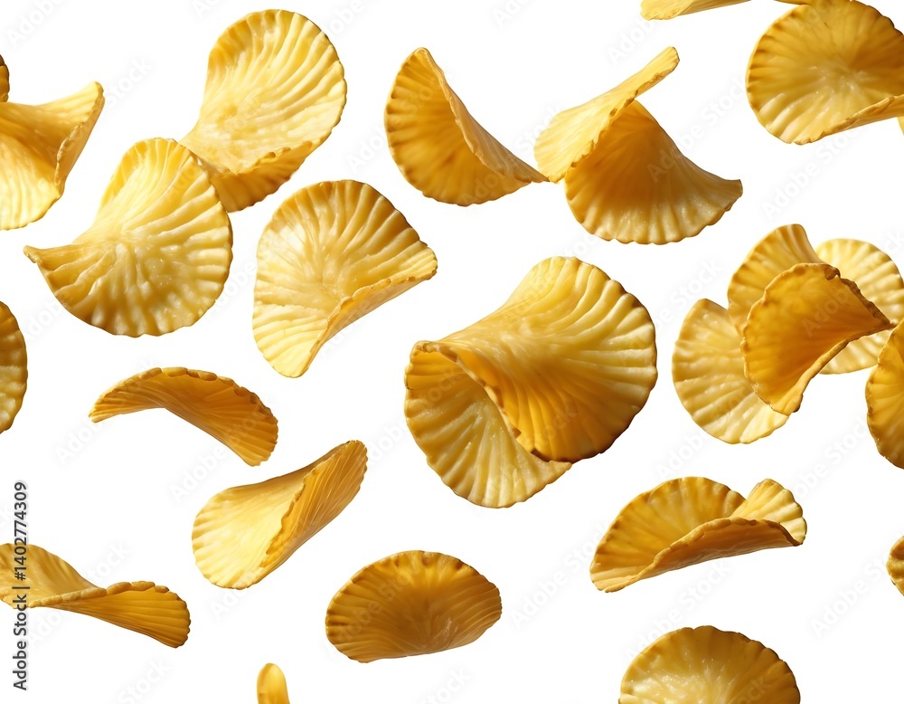 Naklejka premium Crispy Potato Chips Falling on White Background