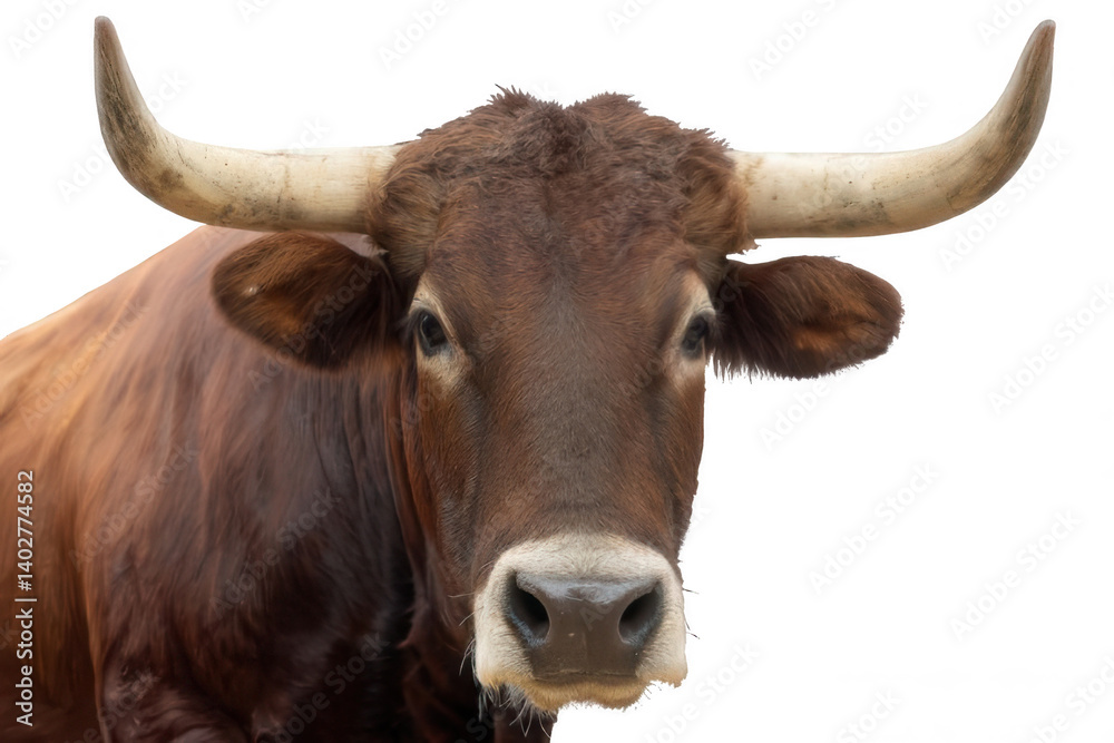 Realistic Brown Cow with Large Curved Horns White Background Transparent Background Realistic Brown Cow with Large Curved Horns White Background Transparent Background