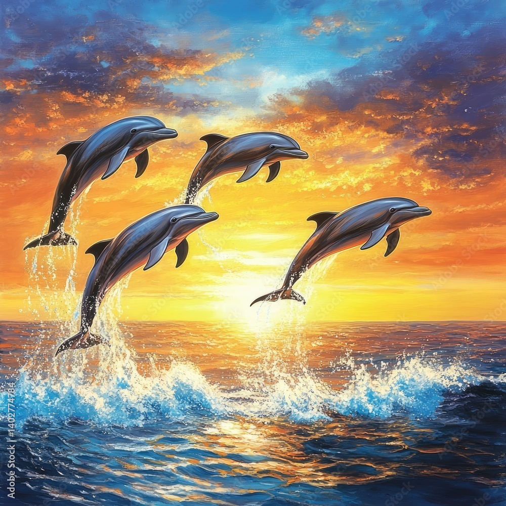 Four dolphins leaping in sunset seascape