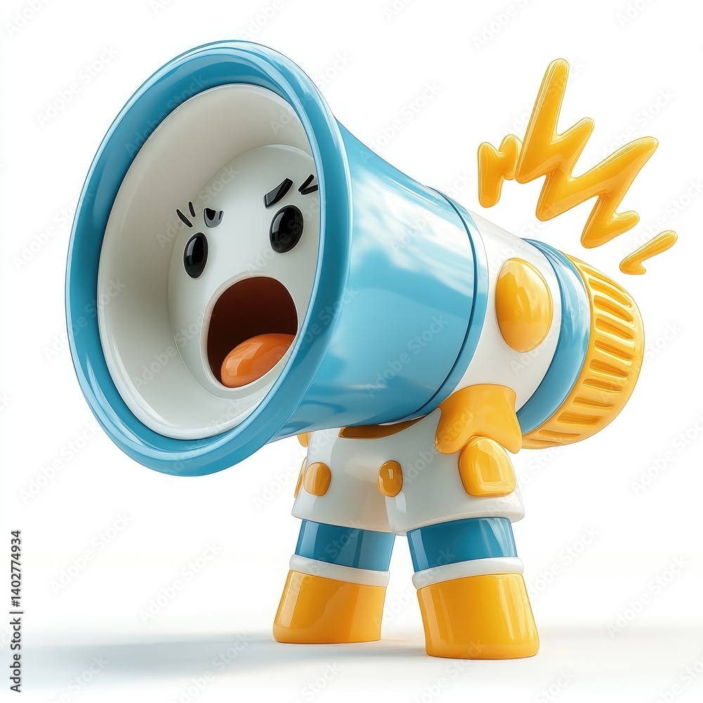 Animated megaphone character, shouting. A stylized, cartoon megaphone figure with an expressive face, exuding a sense of urgency and communication