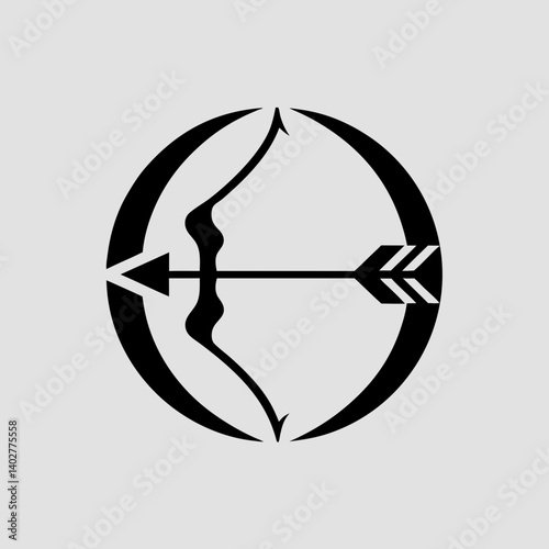 A minimalist archery logo with a single arrow in flight, creating a clean silhouette against a circular badge