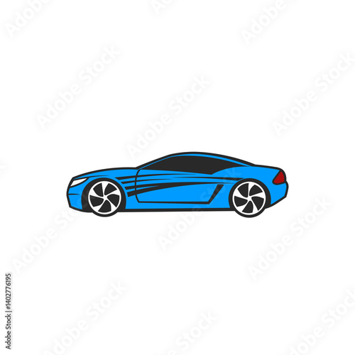 Sleek Stylized Blue Sports Car Graphic Illustration in Profile View on White Background