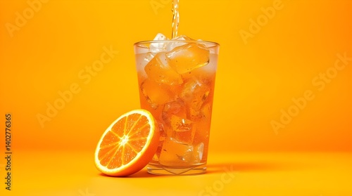 A fizzy orange soda in a clear plastic cup filled with ice, with orange wedges beside it, on a bright orange background.