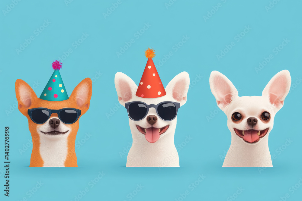Obraz premium Chihuahua dog, Chihuahuas celebrating with festive party hats in a vibrant flat illustration.