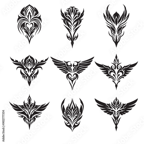 Animal head tribal tattoos with decorative symmetry Maori influences vintage wings and silhouette styles for edgy tattoo compositions
