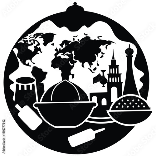 Black and White Global Cuisine Icon: World Map, Food Silhouettes, Culinary Travel, International Flavors, Vector Illustration