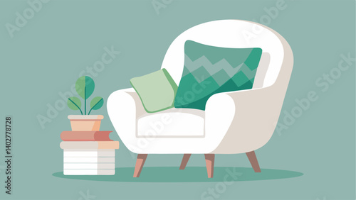A serene reading nook with a comfy white armchair a woven basket for storage and a seafoam green throw pillow.