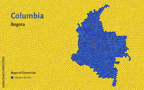 Colombia Map in a Decorative Mosaic Design Featuring Bogotá	