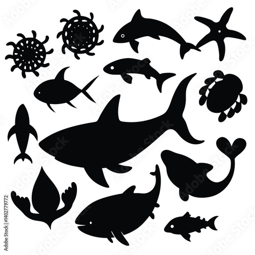 Black Silhouette Ocean Animals Vector: Shark, Dolphin, Fish, Starfish, Sea Life Clip Art, Marine Creature Graphic Design Elements