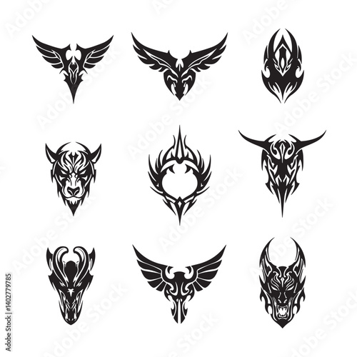 Tribal tattoo symbols featuring fierce beast faces symmetrical geometry Maori ornament detail and vintage wings in solid silhouette style

