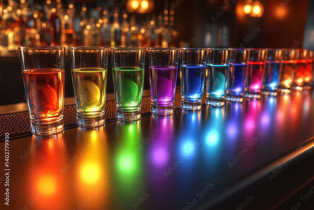 Colorful Shots on Sleek Bar Surface Colorful Shots on Sleek Bar Surface