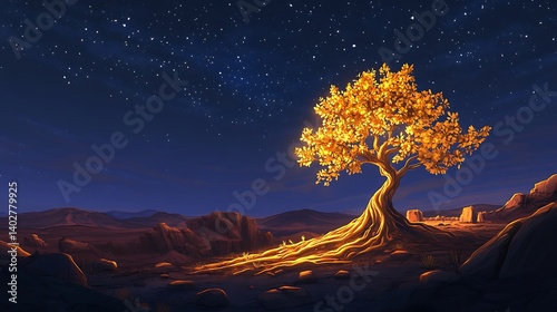 A towering golden tree glowing softly in a vast desert illuminated roots stretching beneath the starlit sky