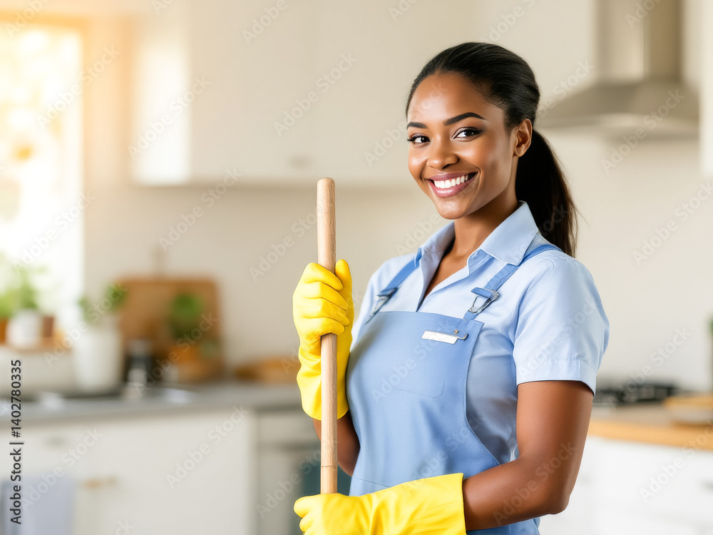 Woman in a blue apron is holding a mop