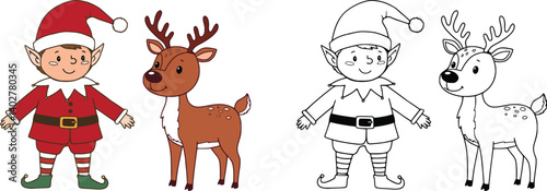 Black and white christmas elf and reindeer illustration color and coloring page style, festive holiday fun for kids and family